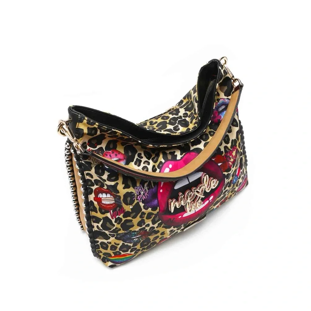 Nicole Lee Multicolor Lips and Leopard Hobo Bag